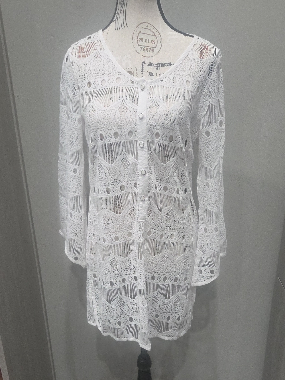 White Crochet Button-Front Swim Coverup Tunic NWOT M